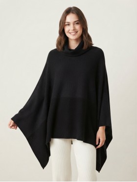 Super Soft Turtle Neck Side Slit Two-Tone Poncho